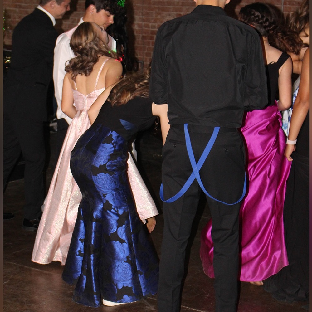This is a dark blue an black dress with roses at the bottom. It’s is a size 0.